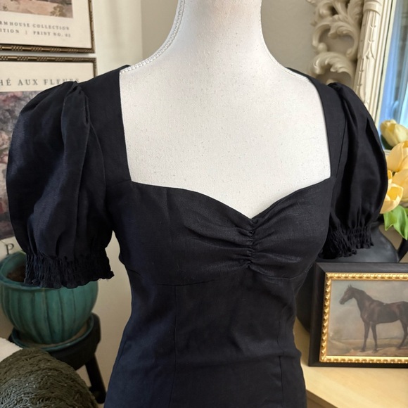 REFORMATION Gina Dress In Black Linen Puff Statement Sleeves Size 0 - Picture 4 of 9